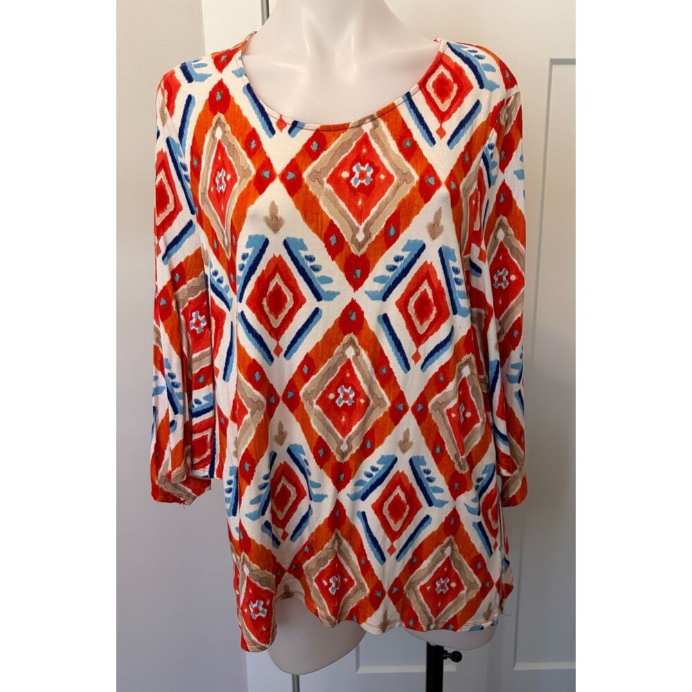 Chicos Womens Knit TOP 3/4 Sleeve Orange Blue White Tan Geometric Size 1 (M/8)